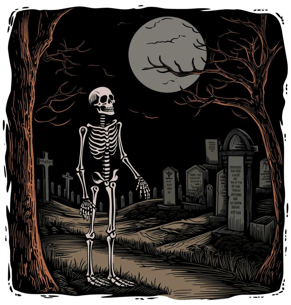 Skeleton in Graveyard Colored vector