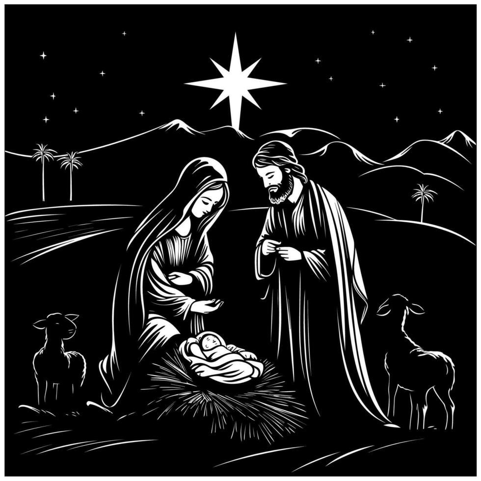 Nativity Scene Black and White vector