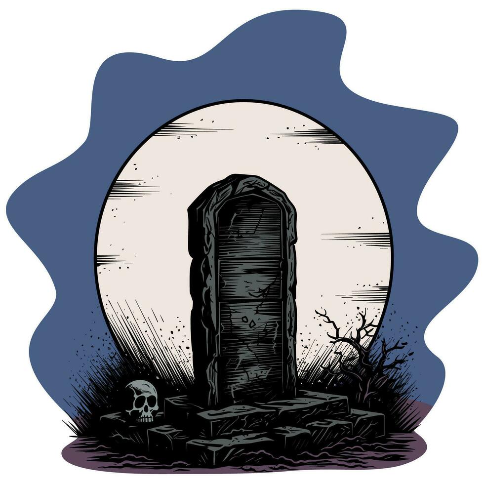 lápida sepulcral Luna y cráneo de colores vector