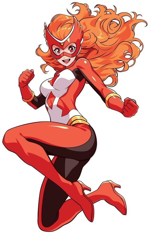 rojo pelo superheroína en blanco vector
