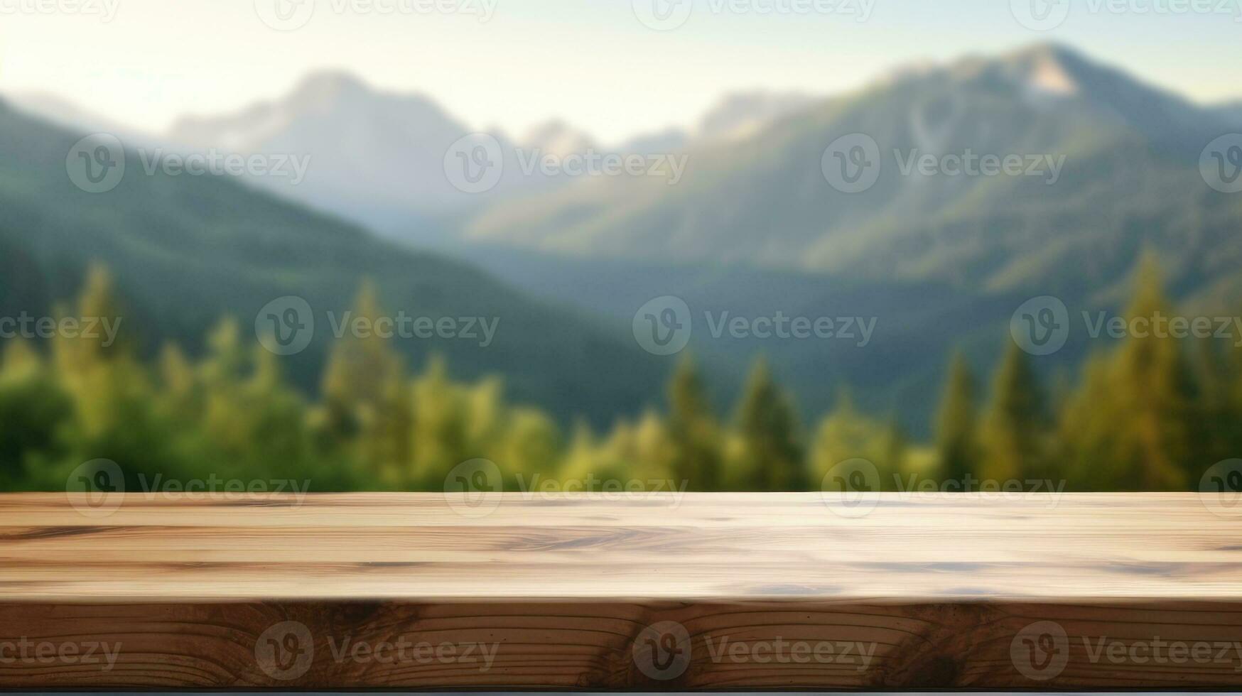 Empty wooden table with blurred nature background photo