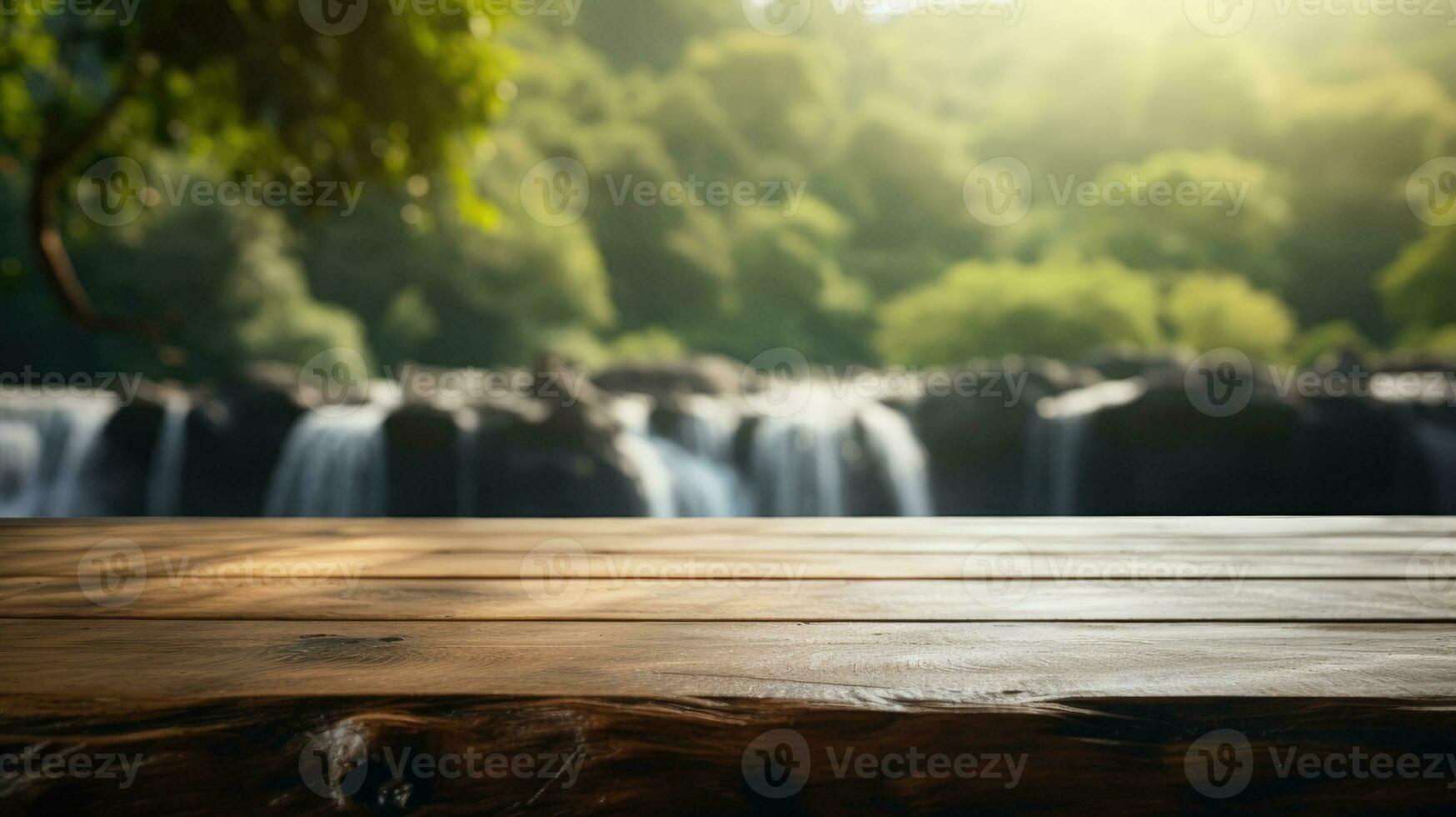 Empty wooden table with blurred nature background photo