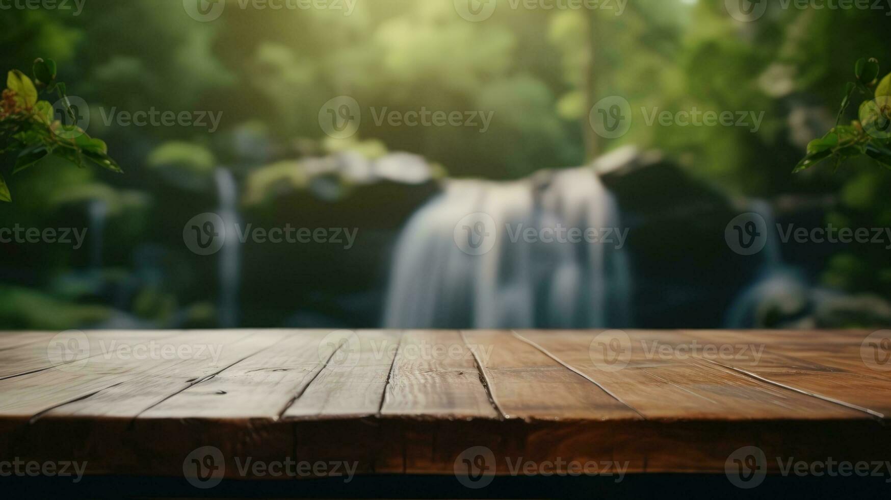 Empty wooden table with blurred nature background photo