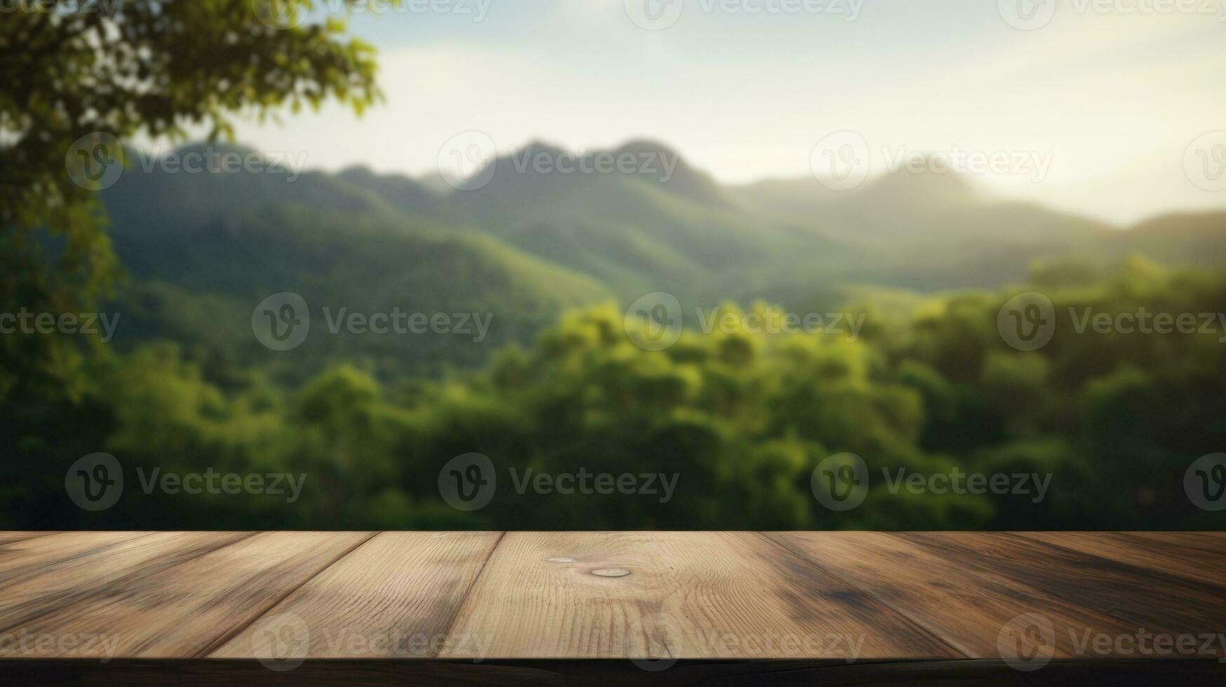 Empty wooden table with blurred nature background photo