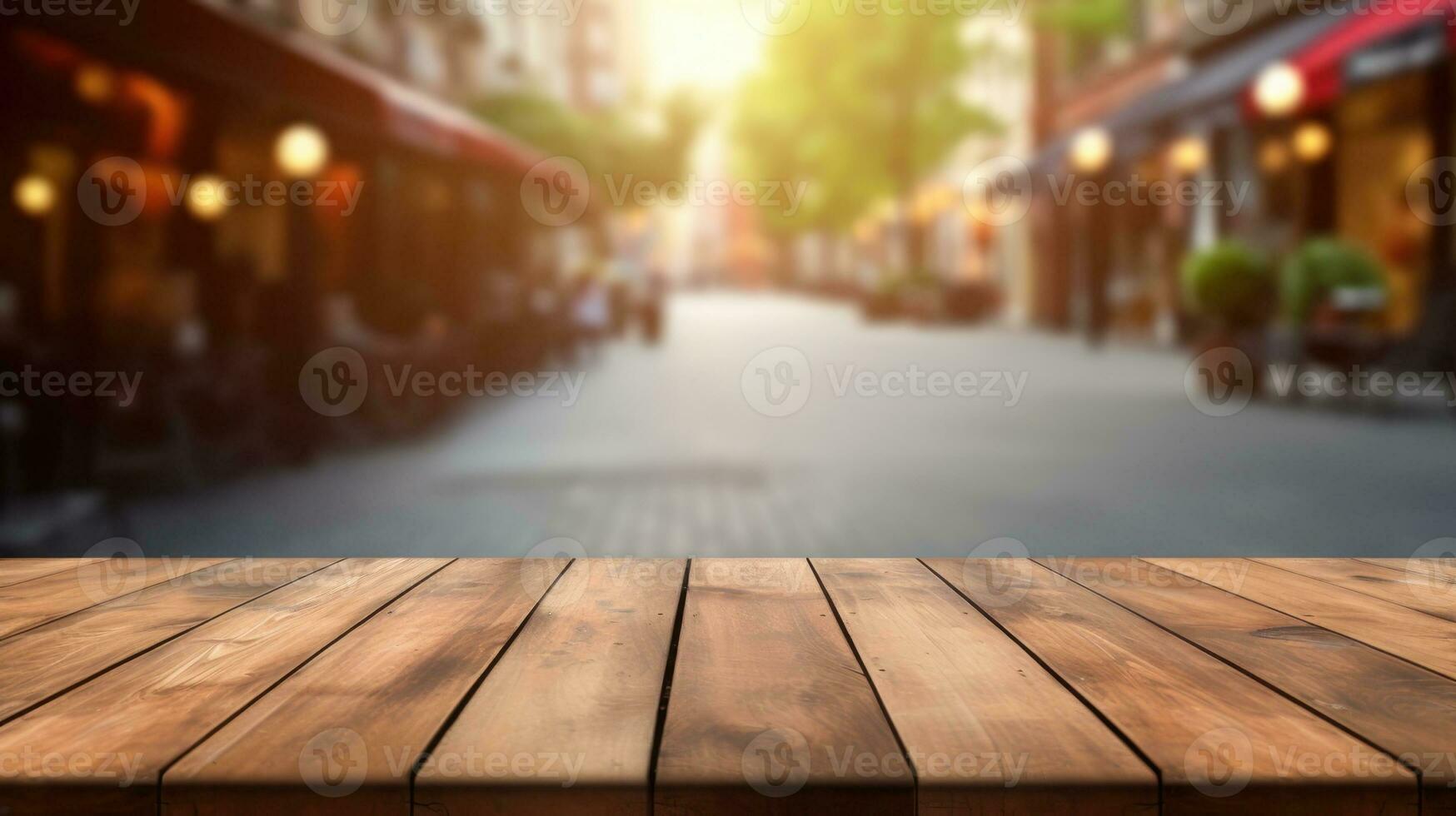 Empty wooden table with cafe kitchen background photo