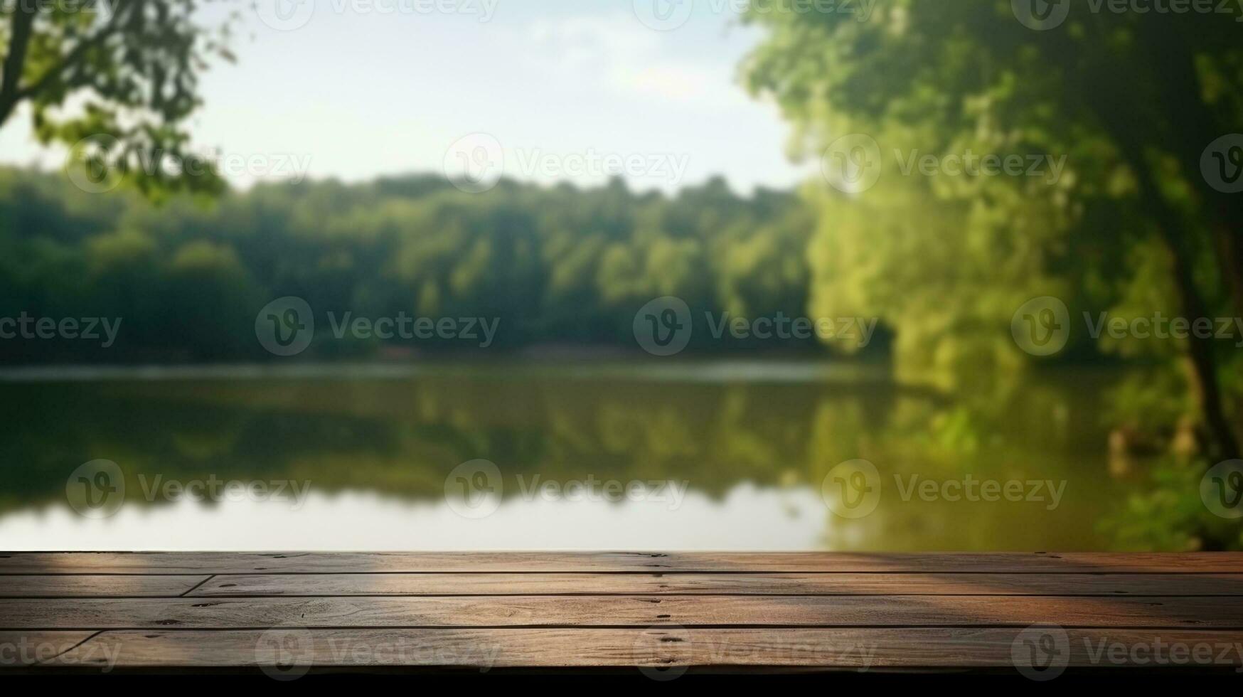 Empty wooden table with blurred nature background photo
