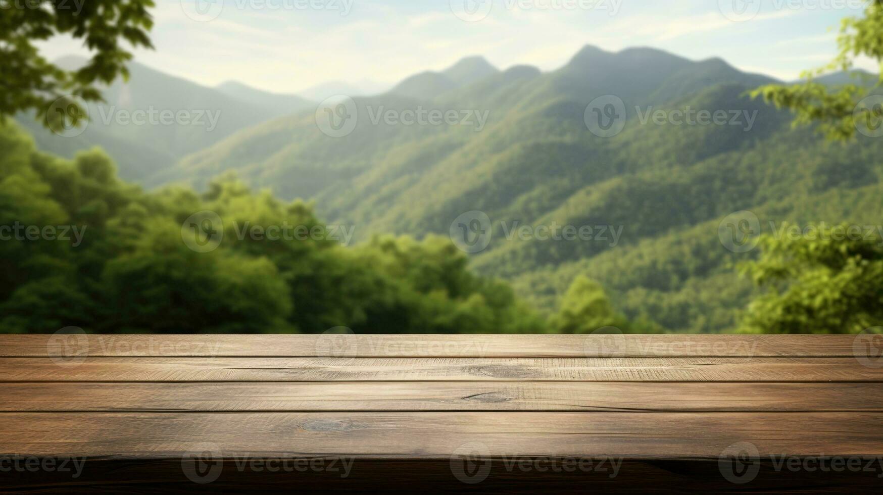 Empty wooden table with blurred nature background photo