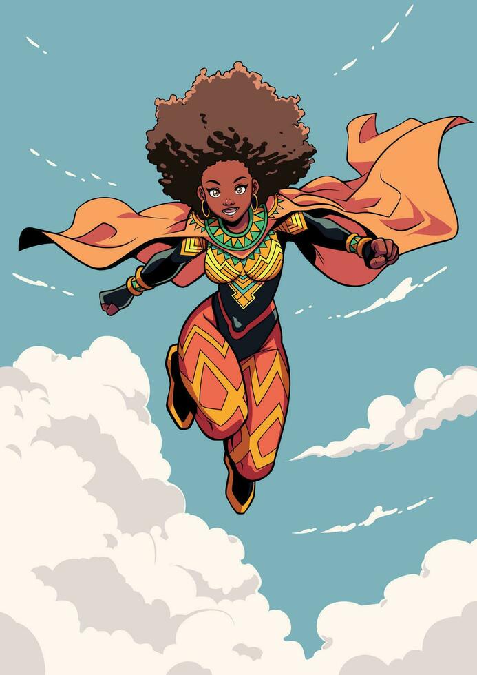 africano hembra superhéroe volador anime vector