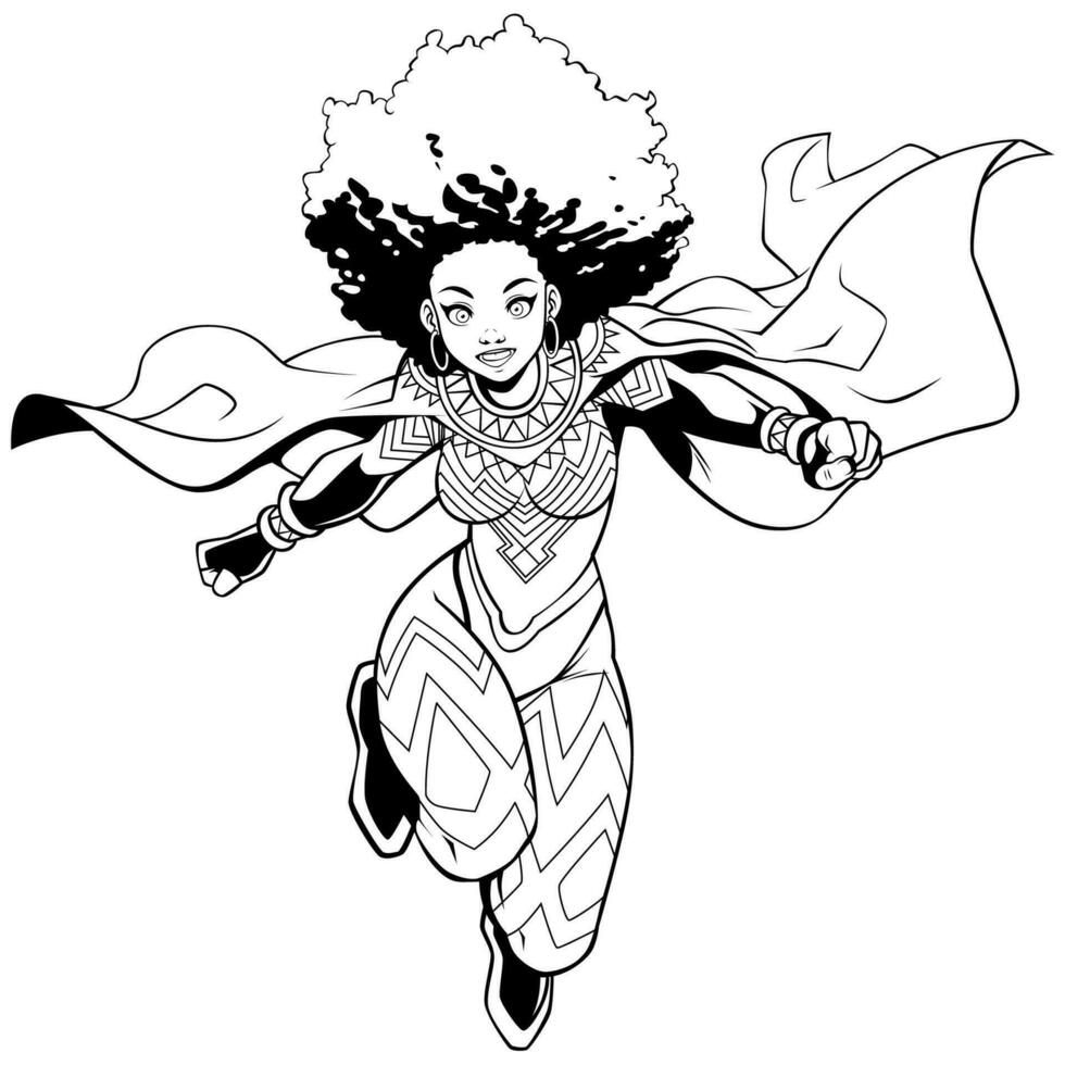 africano hembra superhéroe volador anime línea Arte vector