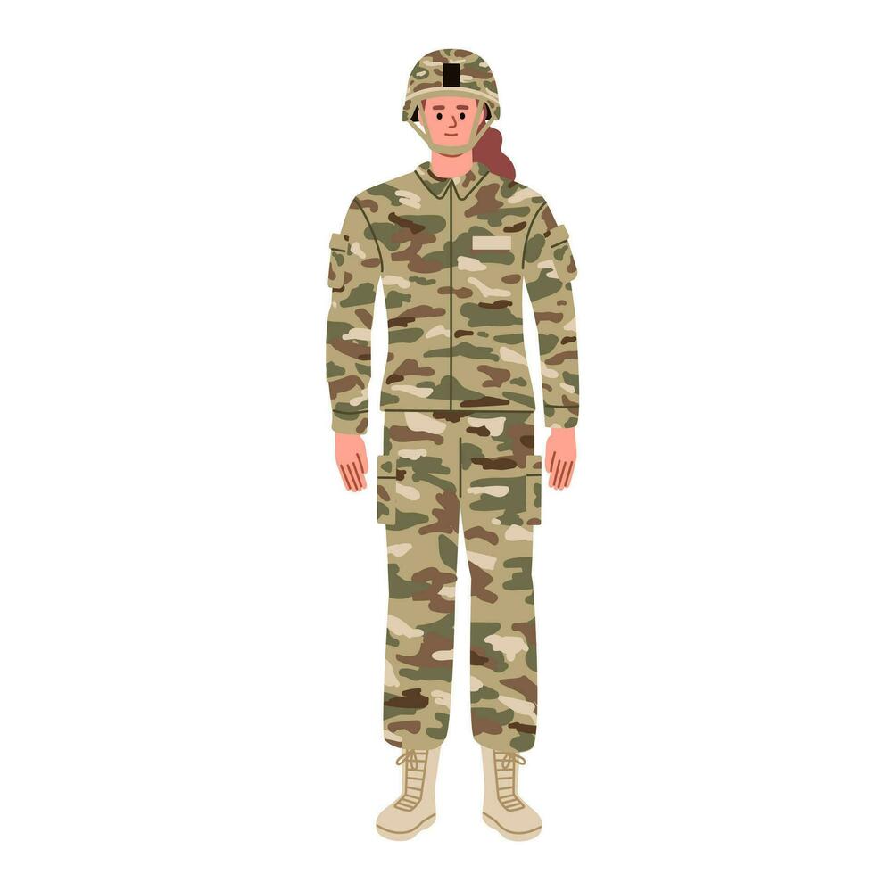 Female soldier. Woman in the army. Infantry. Call up to armed forces. Mobilization. Flat vector illustration.