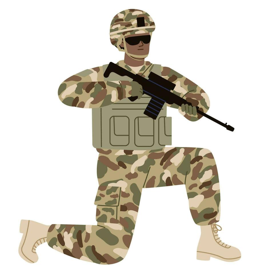 soldado, militar hombre, vistiendo Gafas de sol con un rifle. Ejército servicio. armado efectivo. llamada arriba a armado efectivo. lateral posición. plano vector ilustración