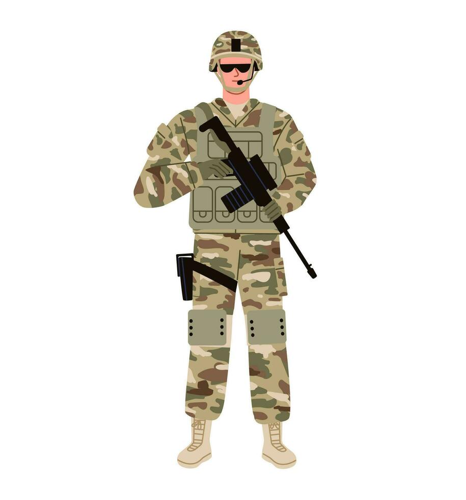 Soldier, military man, wearing sunglasses holding a rifle isolated. Flat vector illustration.