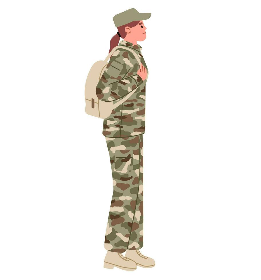 hembra soldado con un mochila en pie oblicuo. mujer en el ejército. infantería. llamada arriba a armado efectivo. voluntario. plano vector ilustración.