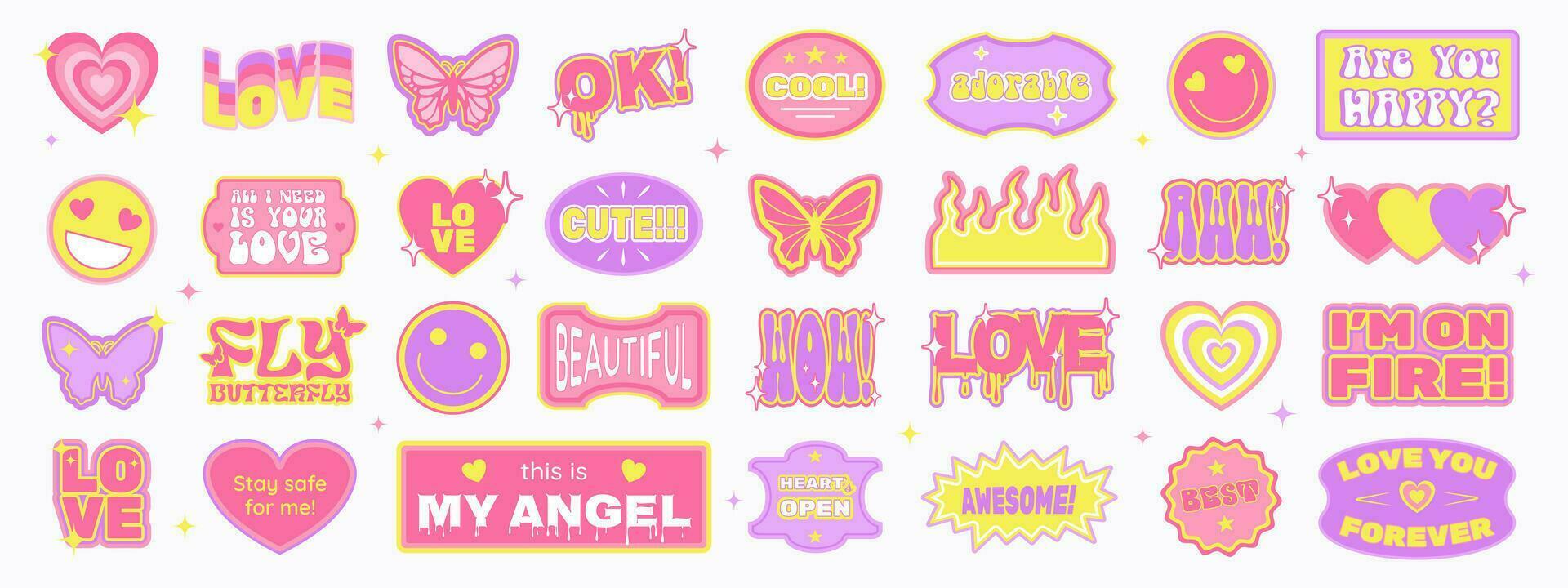 Big set of trendy stickers and badges in retro Y2K aesthetics, Valentine's Day cheering labels with short phrases, vector illustration.