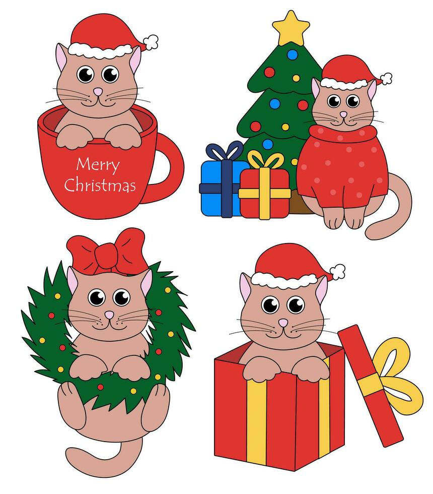 conjunto de dibujos animados Navidad y nuevo año gato caracteres. linda gatitos en taza y en regalo caja, guirnalda, Navidad árbol. vector plano ilustración.