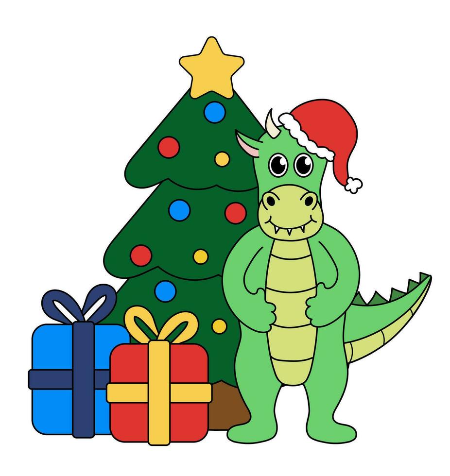 Cartoon Christmas and New Year Dragon character. Cute Dragon with Christmas tree and gift boxes. Vector flat illustration.