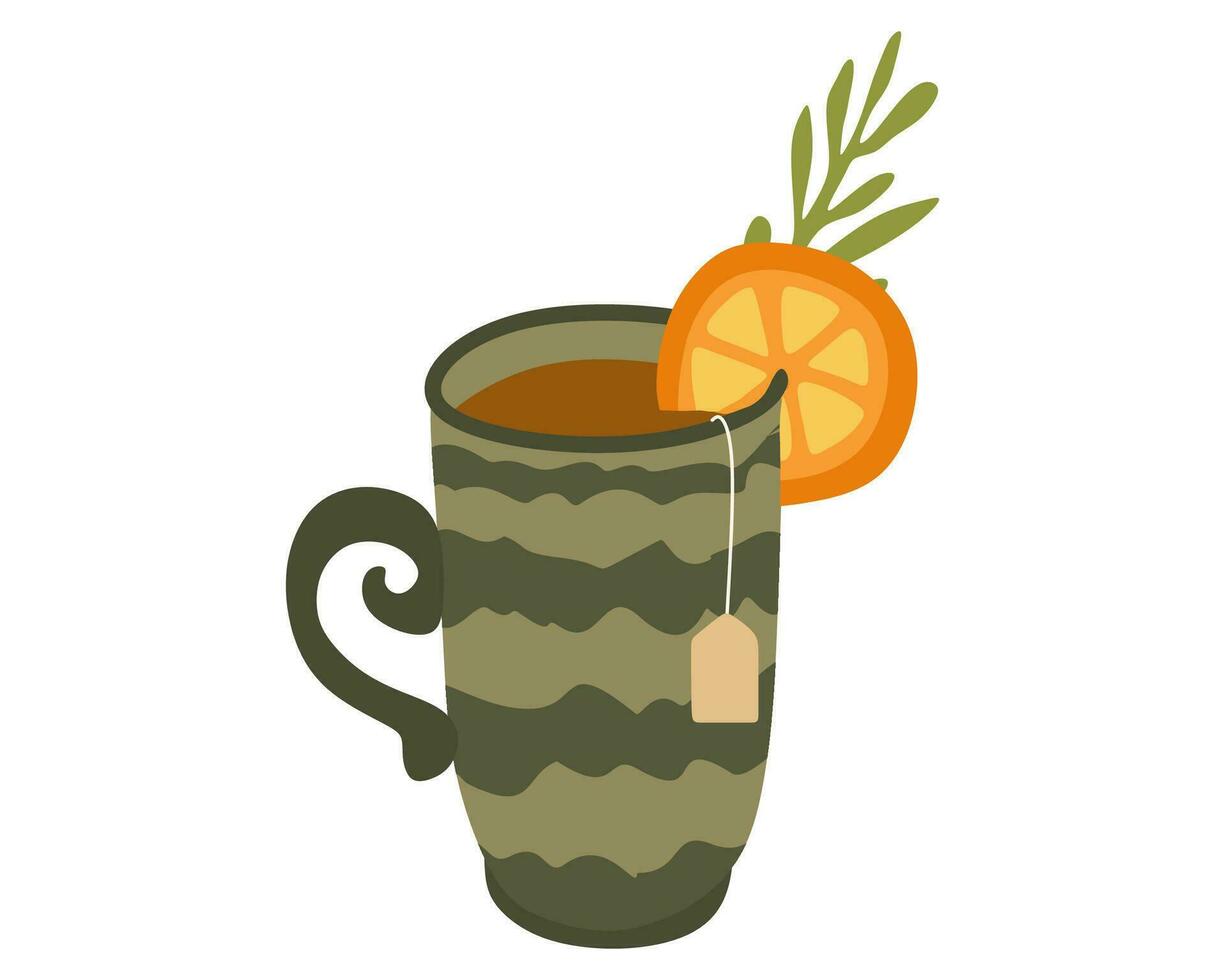 Cup with tea, Sliced orange, rosemary and spices, hot drink on a cold day. Herbal Autumn tea with teabag in porcelain or ceramic mug. Seasonal Isolated vector illustration in flat cartoon design.