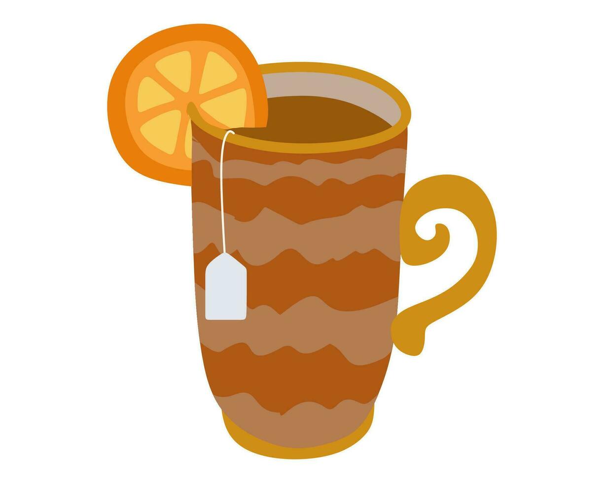 Tea cup with teabag and orange slice isolated on white. Vector Flat design illustration. Tea bag in porcelain mug with Hot Drink. Warming beverage sign business concept for restaurant, Perk, Logo.