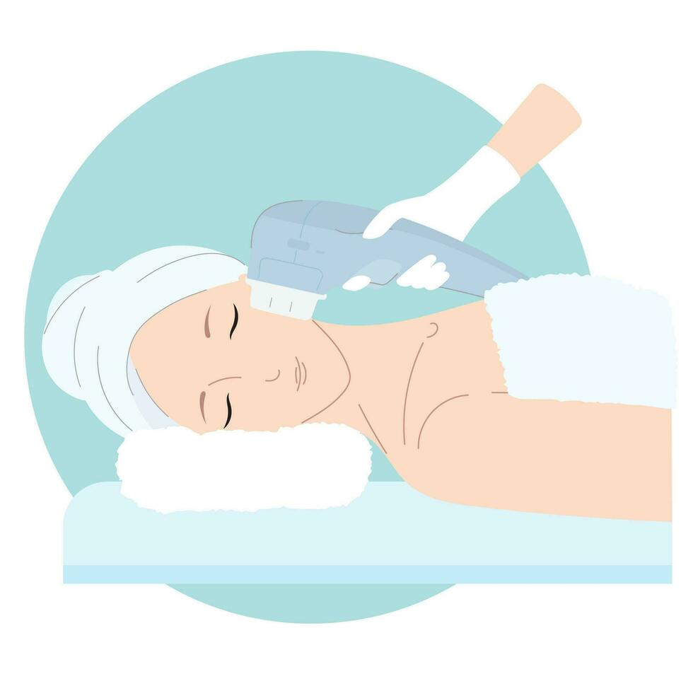 Woman getting HIFU spa treatment. High intensity focus ultrasound procedure. SMAS ultrasound face lifting massage with professional equipment in beauty salon. Skin treat vector