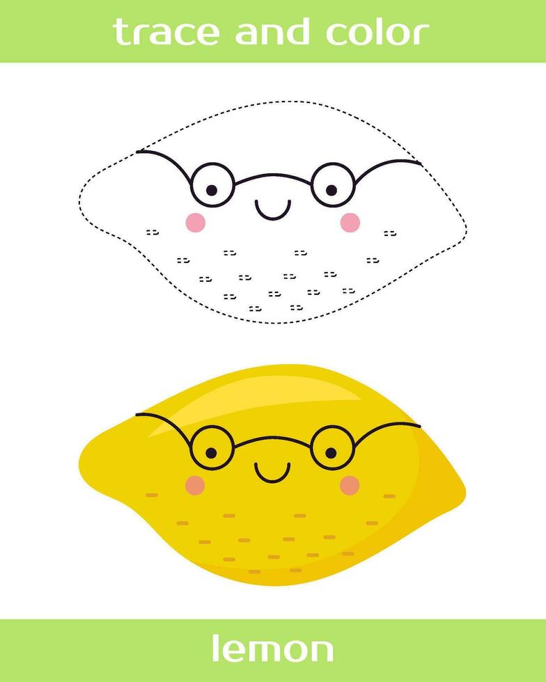 Educational worksheet Trace and color cute kawaii lemon. vector