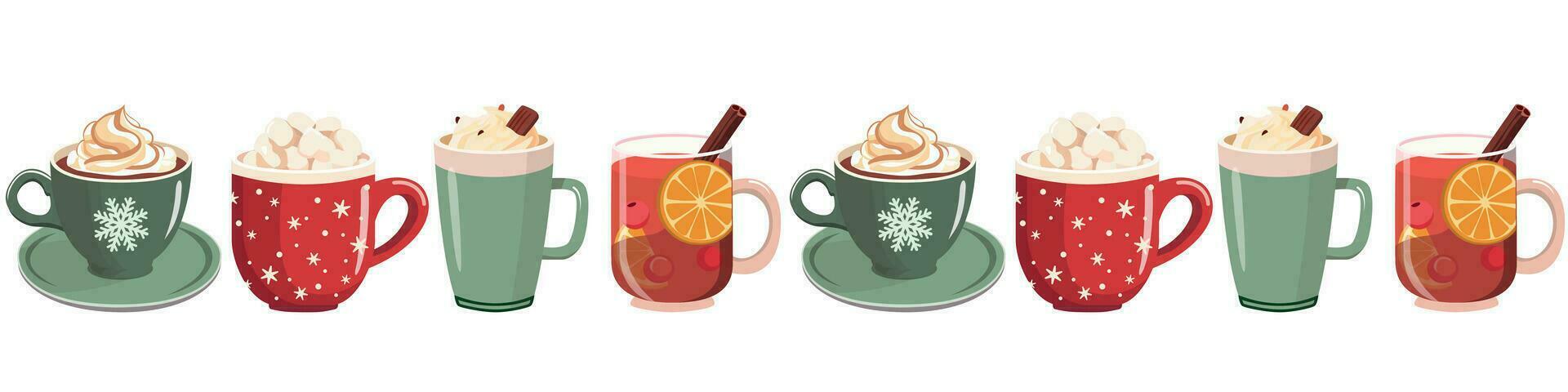 Winter holiday seamless border with hot drinks in mugs. Background for cozy winter design. Isolated on white background. vector