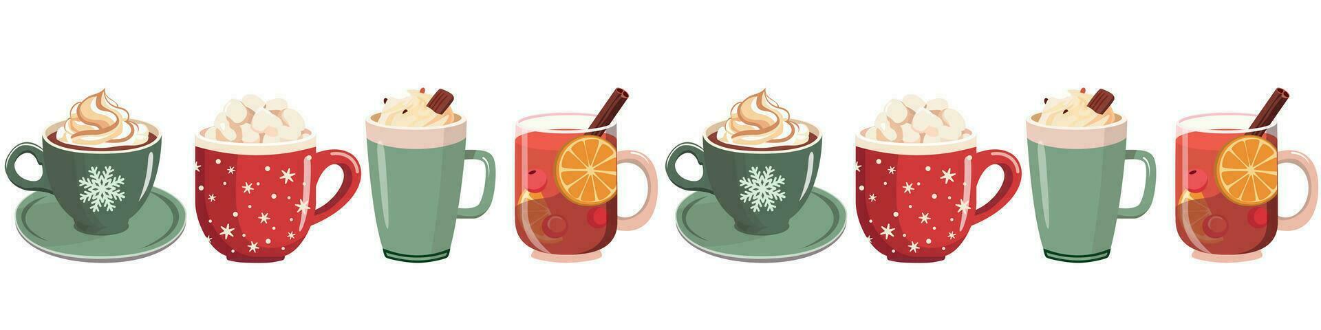 invierno fiesta sin costura frontera con caliente bebidas en tazas antecedentes para acogedor invierno diseño. aislado en blanco antecedentes. vector