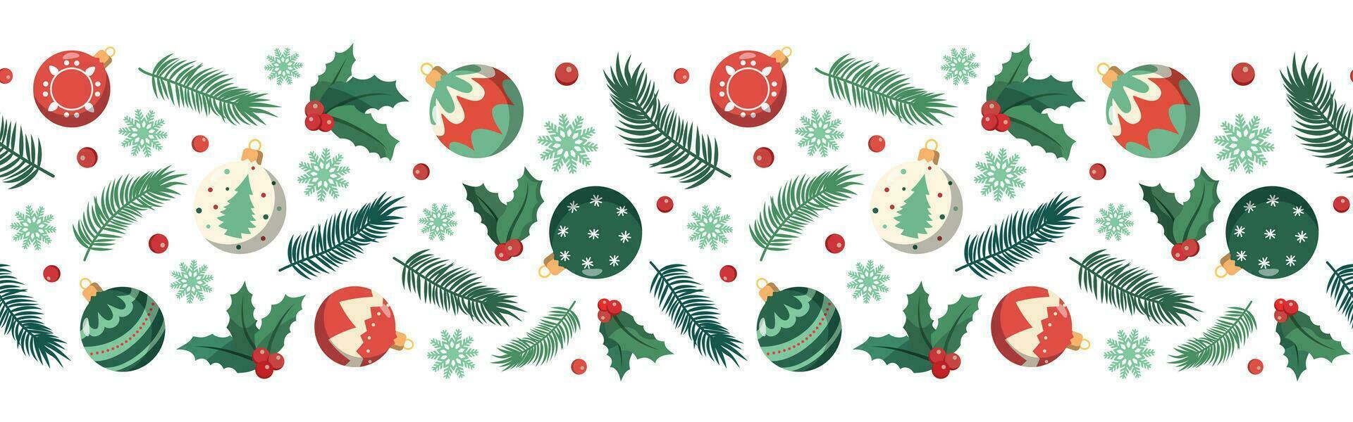 Christmas baubles and fir branches horizontal seamless border. Vector illustration for Christmas and New Year. Isolated on white background
