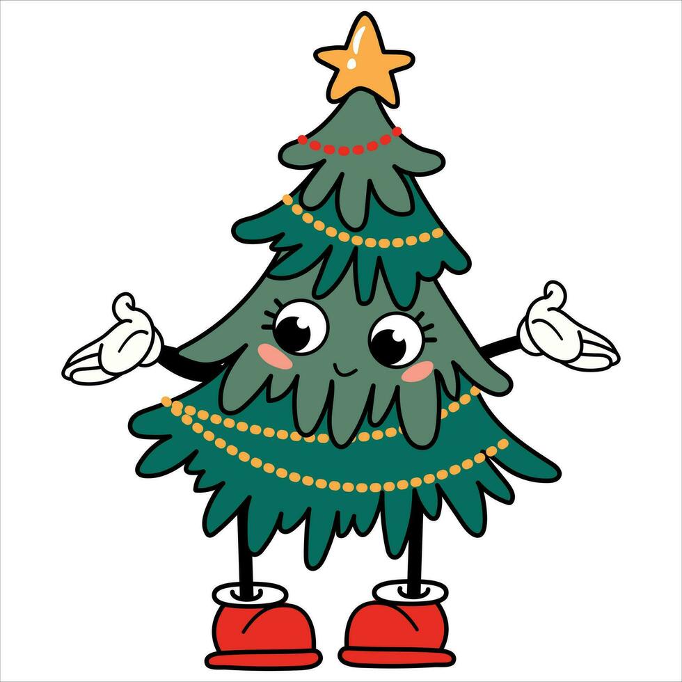 Retro Christmas tree kawaii. Cute Christmas tree with a face, arms and legs. vector