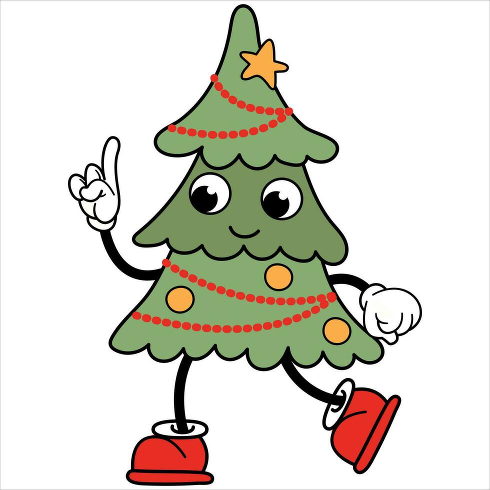 Retro Christmas tree kawaii. Cute Christmas tree with a face, arms and legs. vector