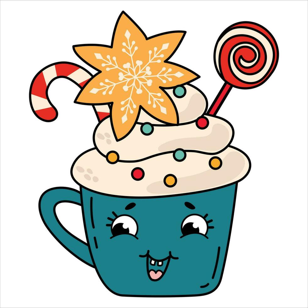 Kawaii cup with coffee and whipped cream. Gingerbread, lollipop. vector