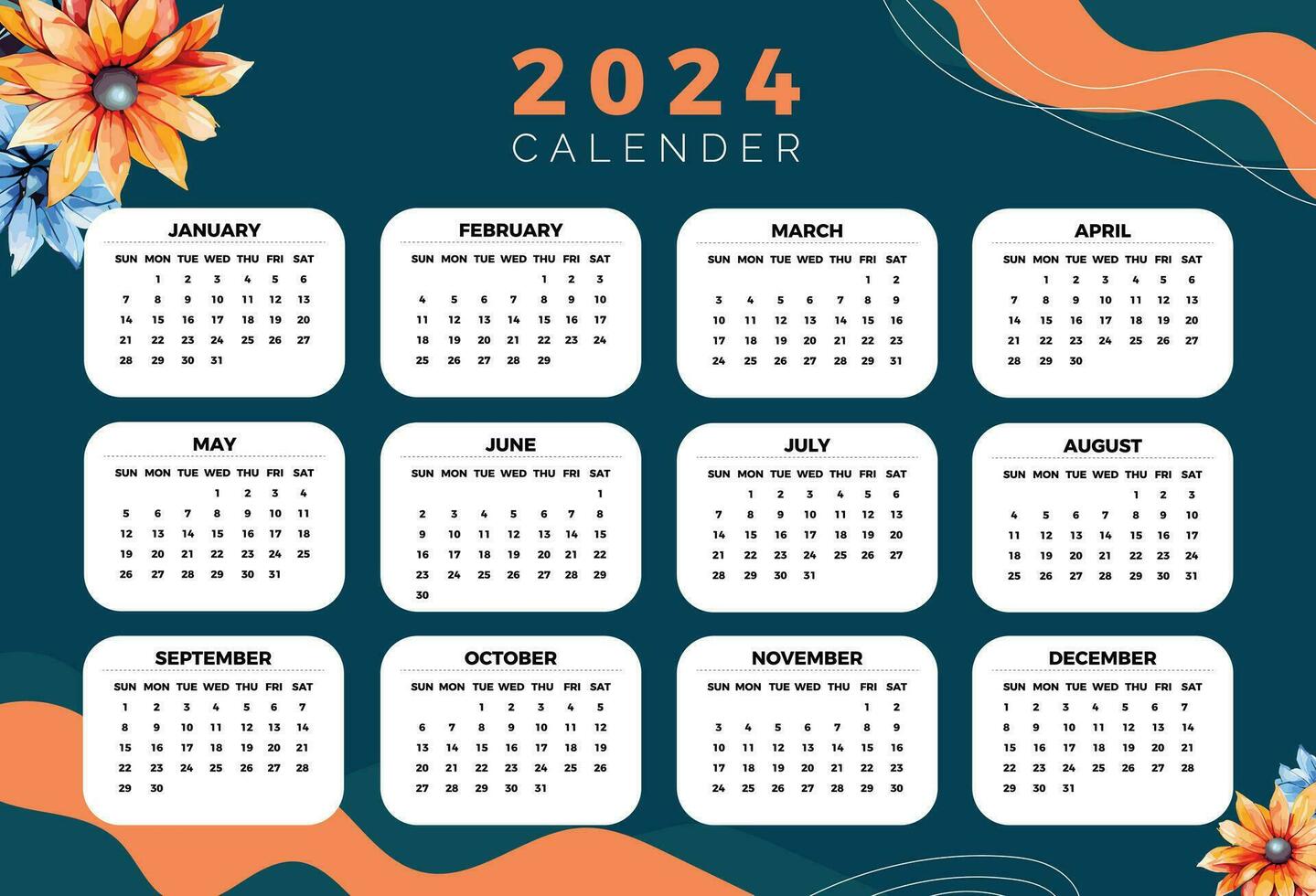 Flower 2024 calendar vector, watercolor flower calendar vector