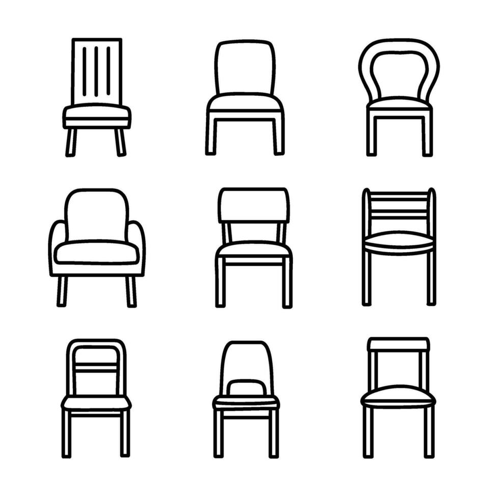 conjunto de silla lineal iconos, mueble icono colocar, forma describir, en blanco fondo, 2d frente vista, plano sencillo vector ilustración.