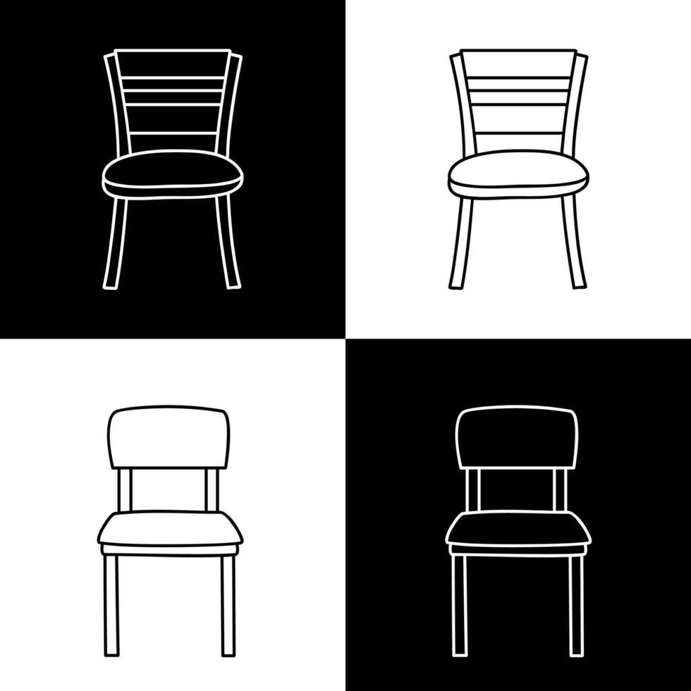 silla íconos en un minimalista estilo, negrita negro y blanco líneas con fondo, 2d, muebles, plano vector ilustración.