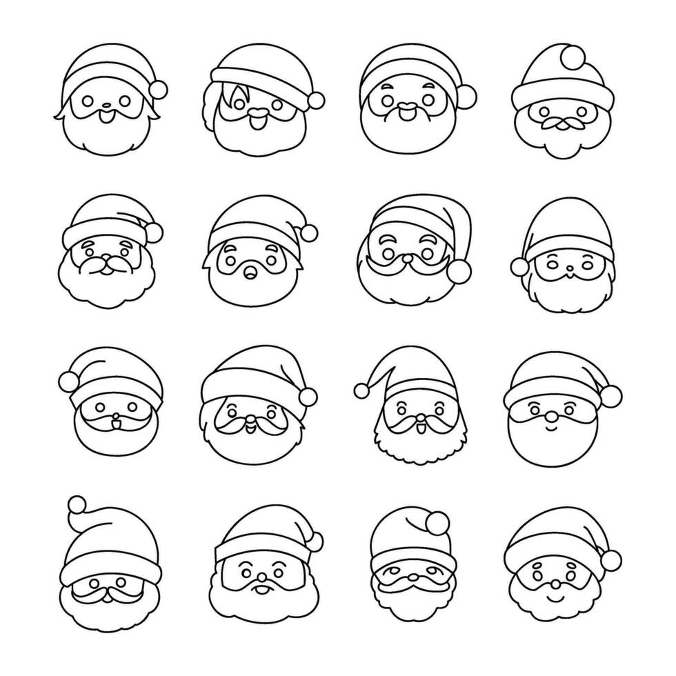 Set of cute Santa Claus face, outlined cartoon characters, hand drawing elements, line art, flat icons, vector illustration