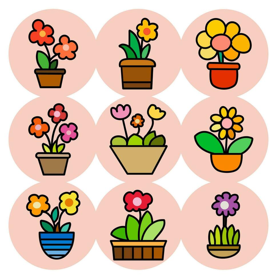 CollectIon of flower in pot, flat design, flowerpot isolated, hand drawn, gardening elements, cartoon style, vector illustration.