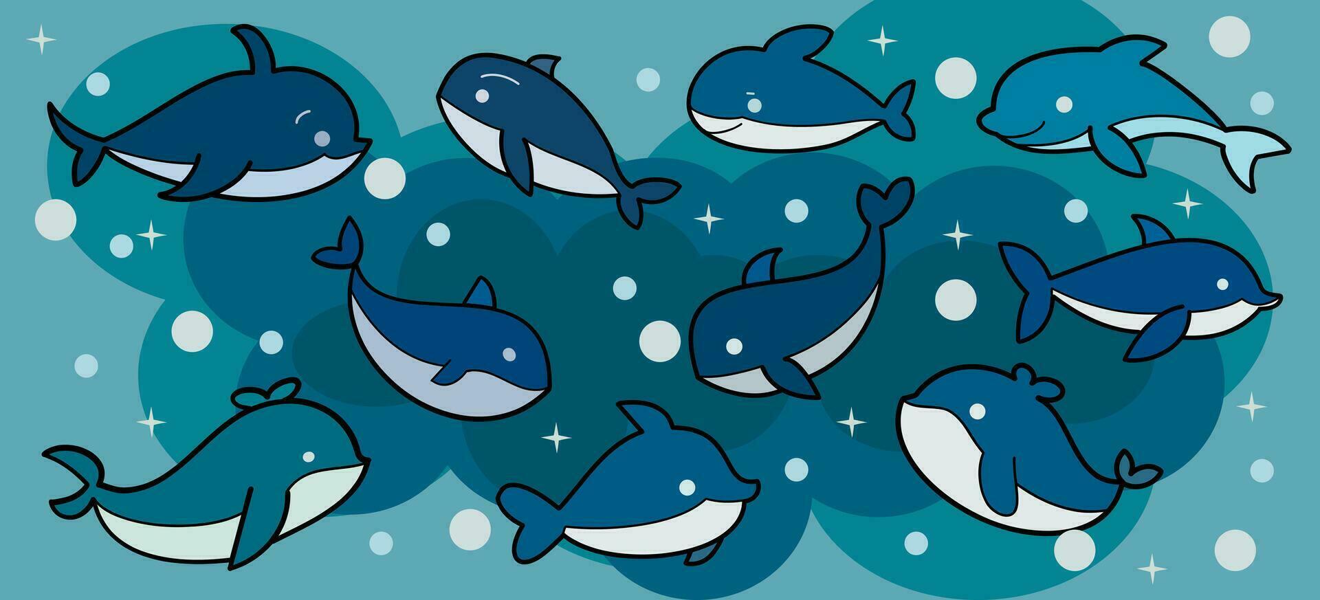 Collection of cartoon whales characters, underwater blue whales, cute flat design icons, vector illustration.