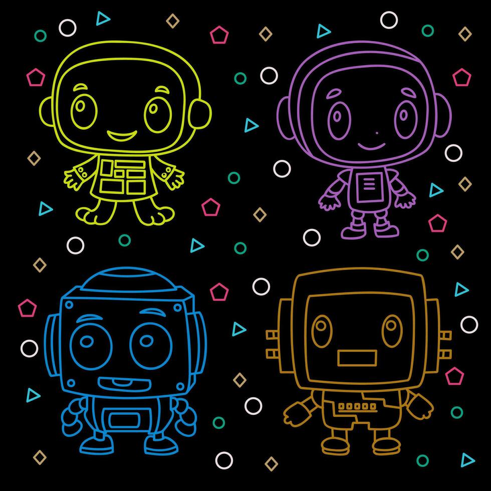 Robot cartoon characters with color outlines, 2D, linear style icons, on black background, flat vector illustration