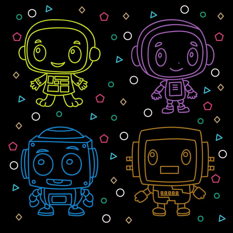 robot dibujos animados caracteres con color contornos, 2d, lineal estilo iconos, en negro fondo, plano vector ilustración