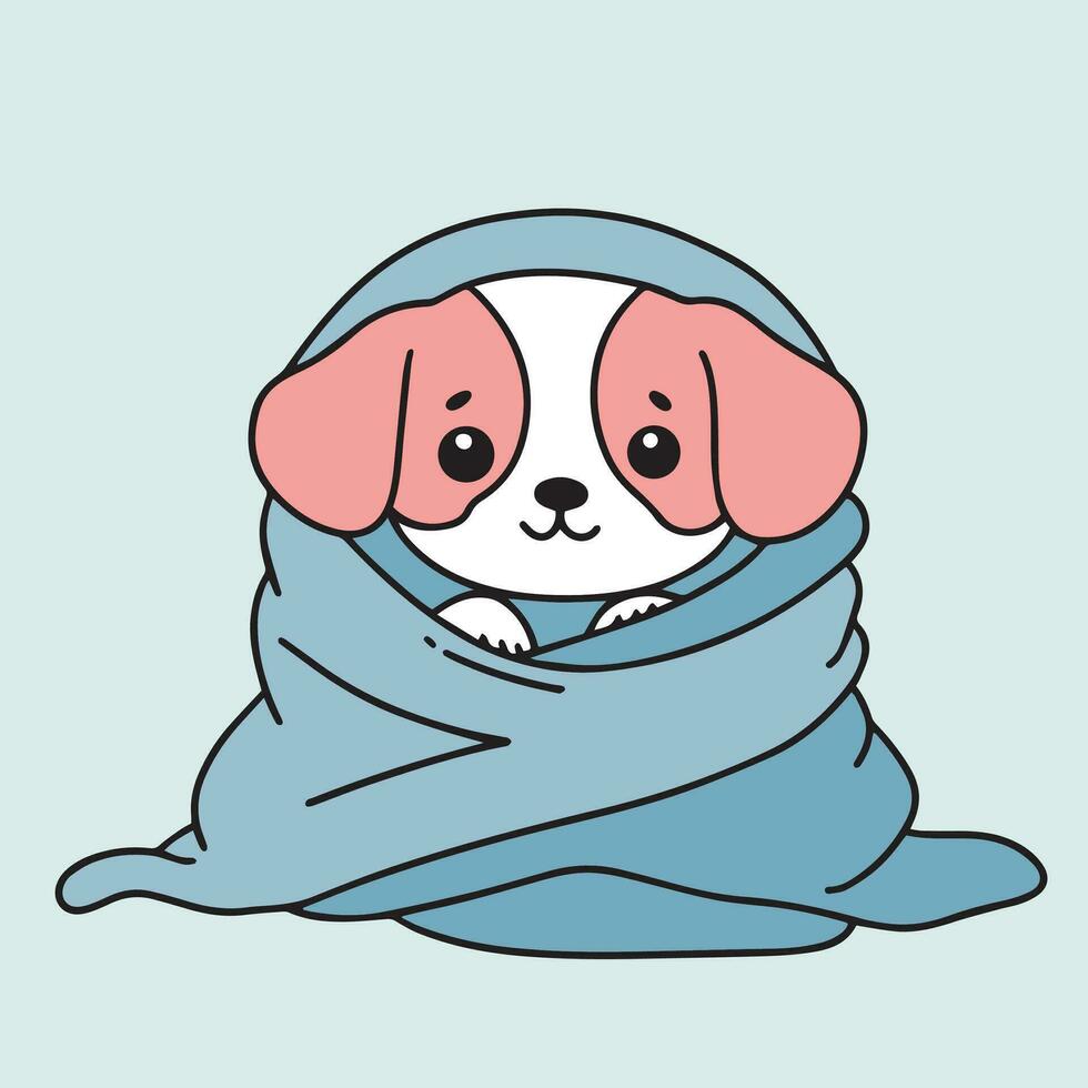 Cute dog in blanket isolated on background. Little dog in blanket in doodle style. Puppy in blanket outline. Hand drawn vector art.