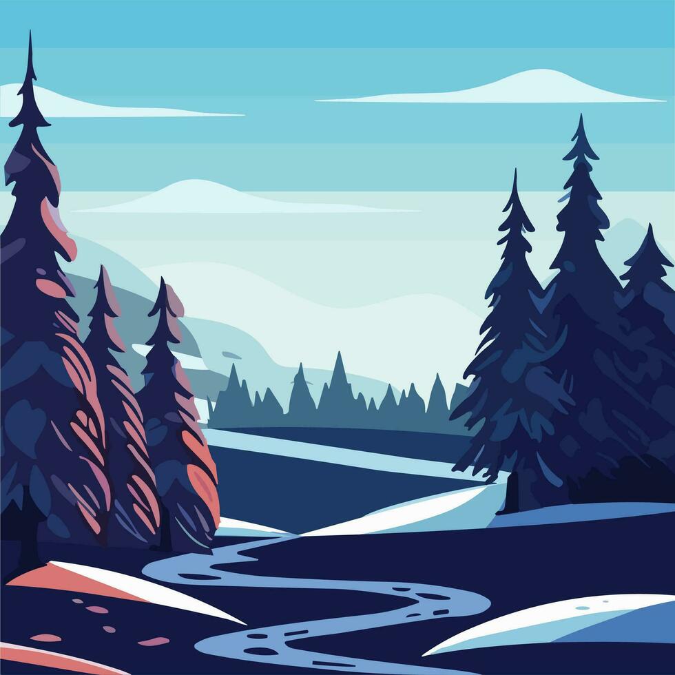 Winter landscape square composition with copyspace. Winter background with nature, pine tree, hills, mountain. Vector illustration.