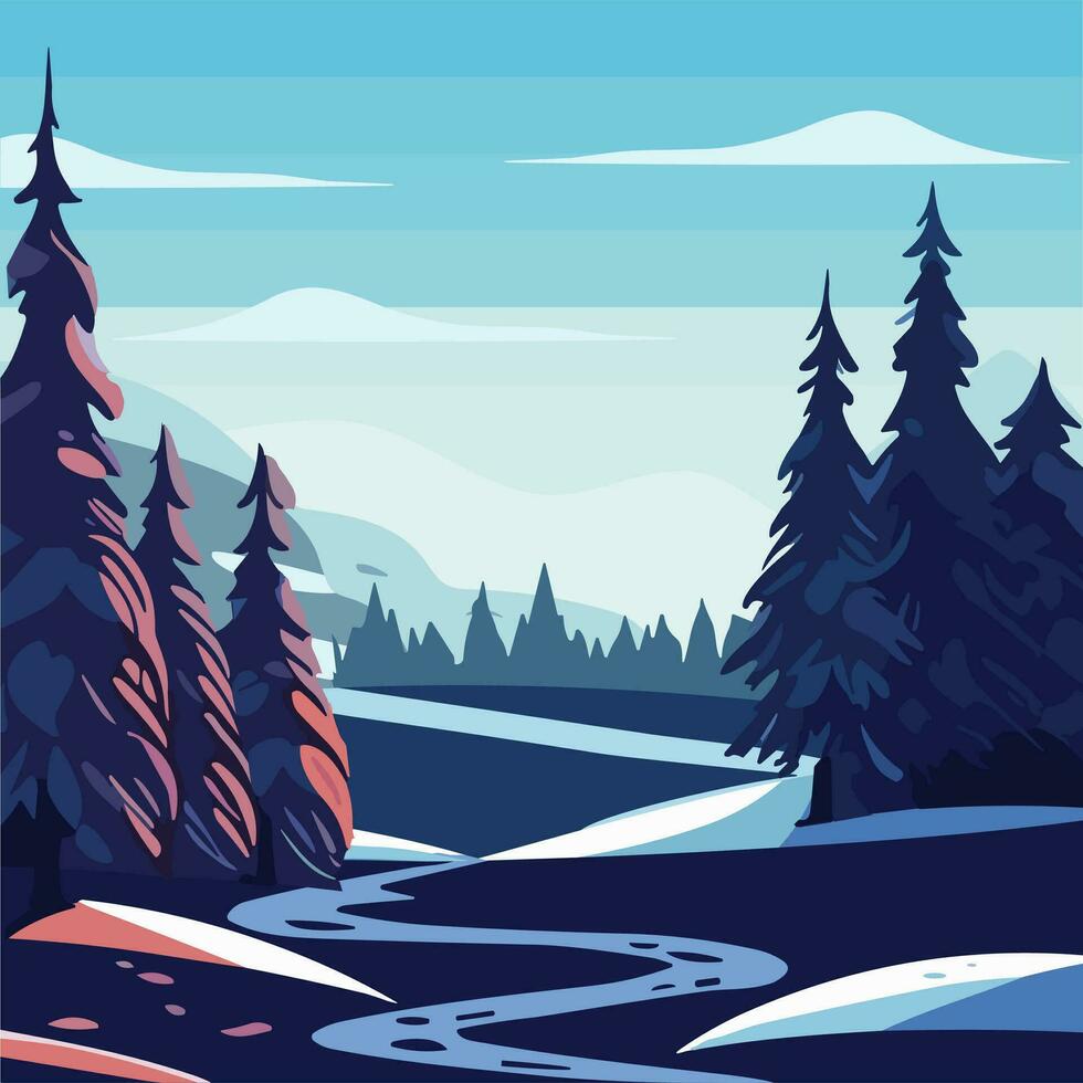 invierno paisaje cuadrado composición con espacio de copia. invierno antecedentes con naturaleza, pino árbol, sierras, montaña. vector ilustración.