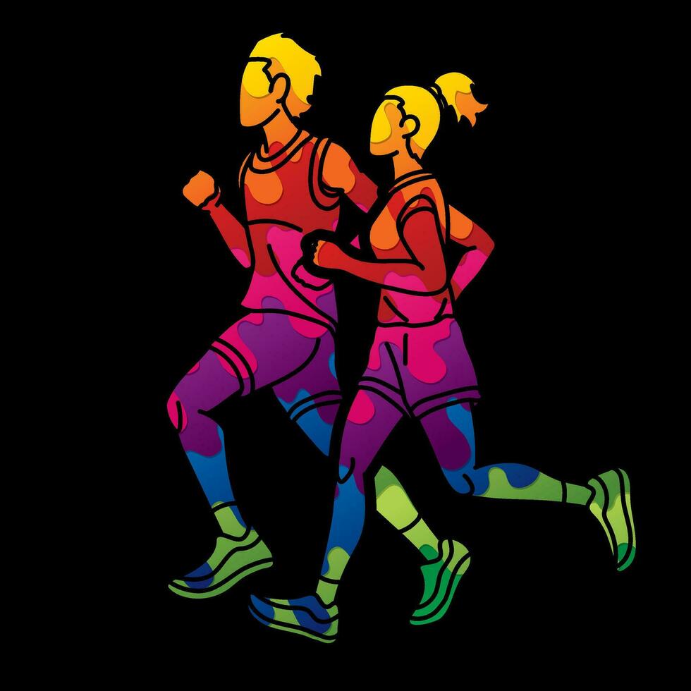 Marathon Runner Male and Female Running Action Cartoon Sport Graphic Vector