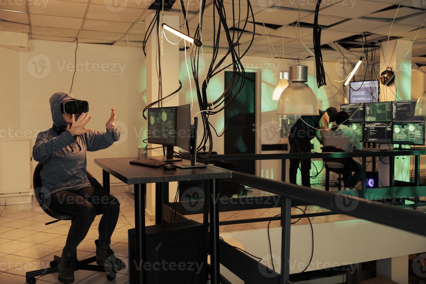 Woman hacking databse in vr glasses, spyware coding experience, hacker cracking computer system password in metaverse. Cyberattack, internet criminal developing malware in virtual reality photo