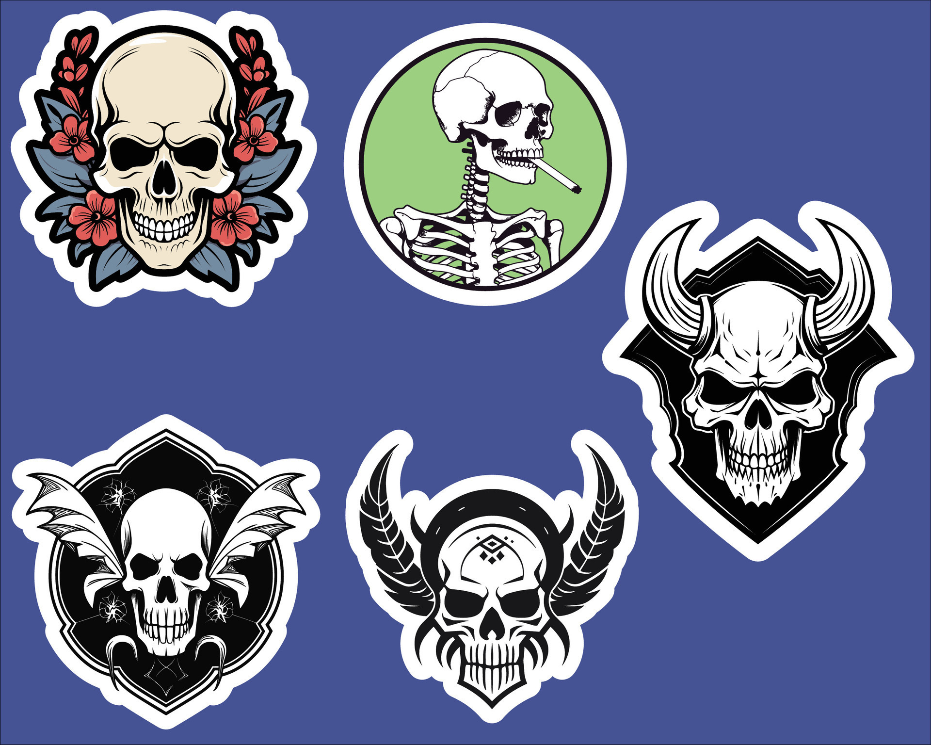 Unique Skull Stickers Displayed on a Vibrant Blue Background 33074636