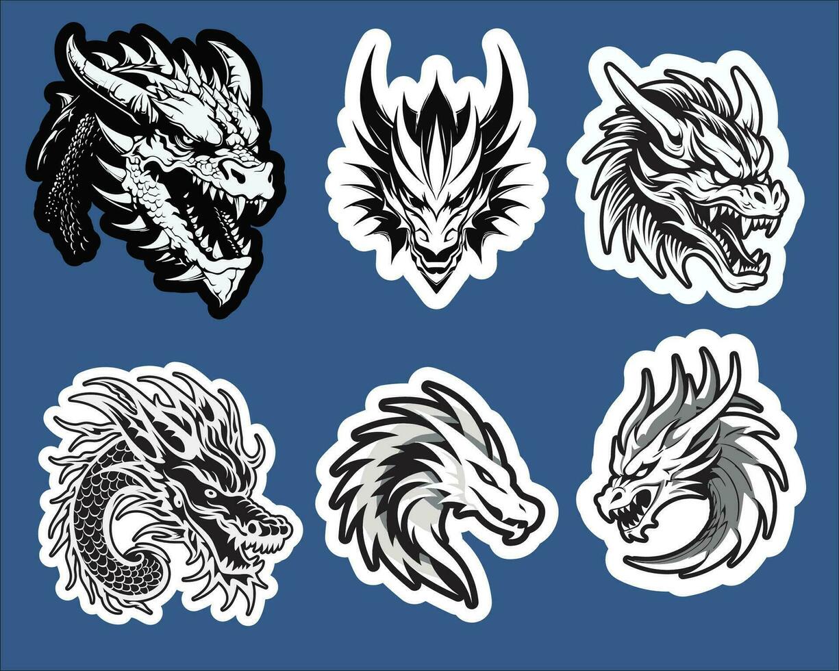 Six Dragon Heads in Black and White on Blue Background vector