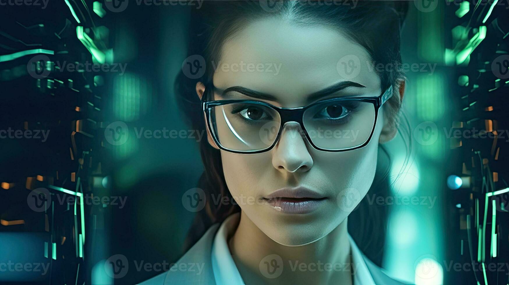 Close up face of professional it specialist female wear glasses using device writing code computer network maintenance. Generative Ai photo