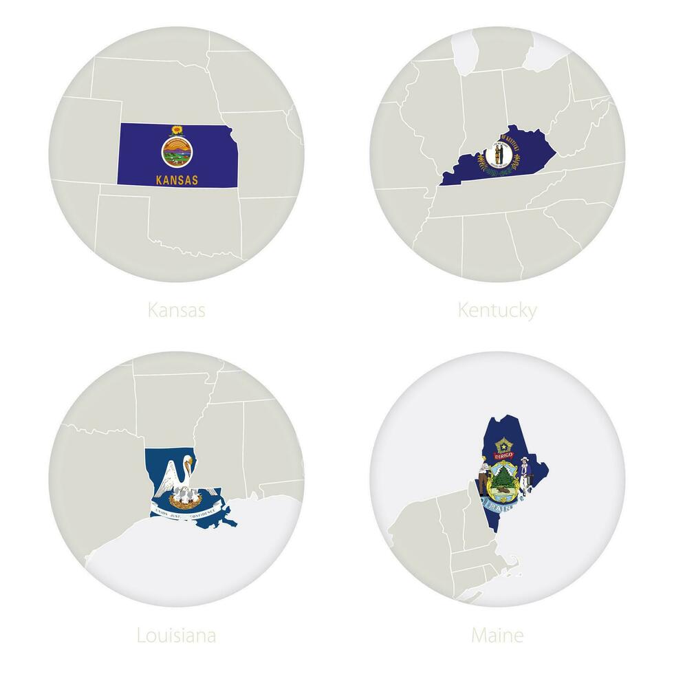 Kansas, Kentucky, Louisiana, Maine US states map contour and national flag in a circle. vector