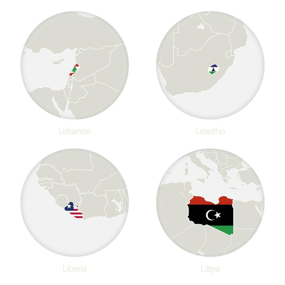 Lebanon, Lesotho, Liberia, Libya map contour and national flag in a circle. vector
