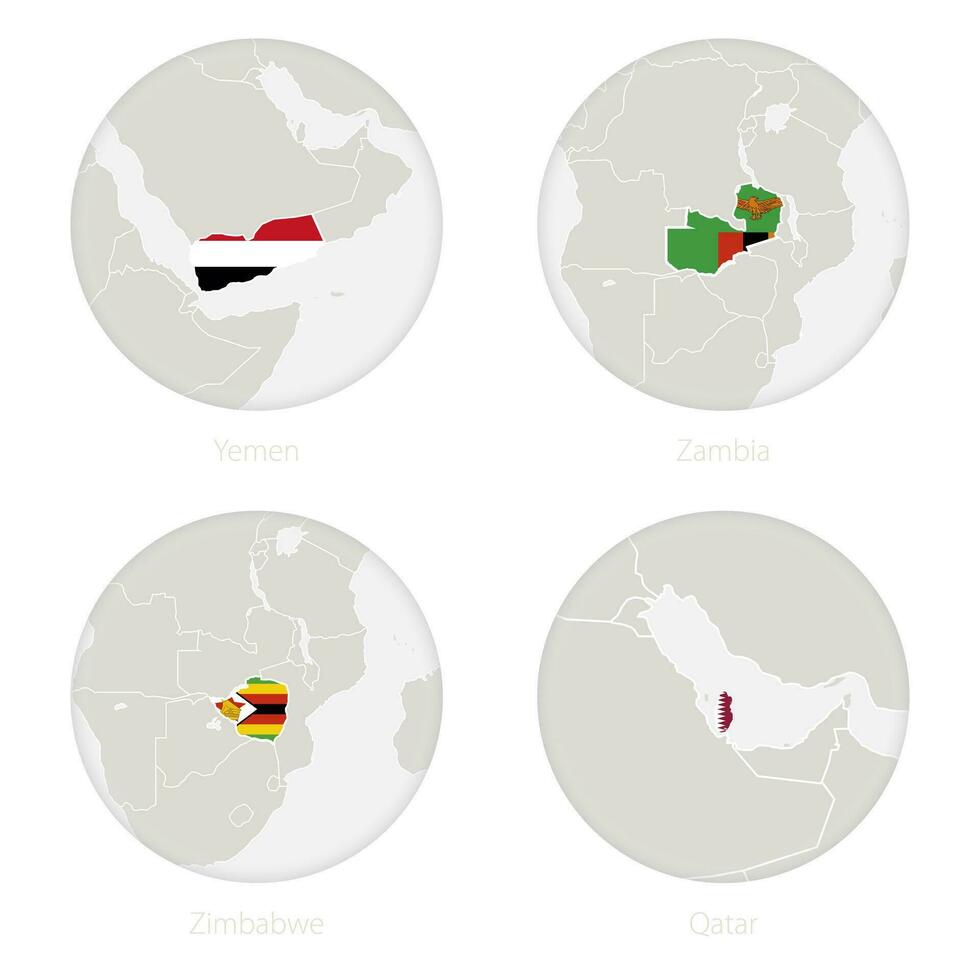 Yemen, Zambia, Zimbabue, Katar mapa contorno y nacional bandera en un círculo. vector