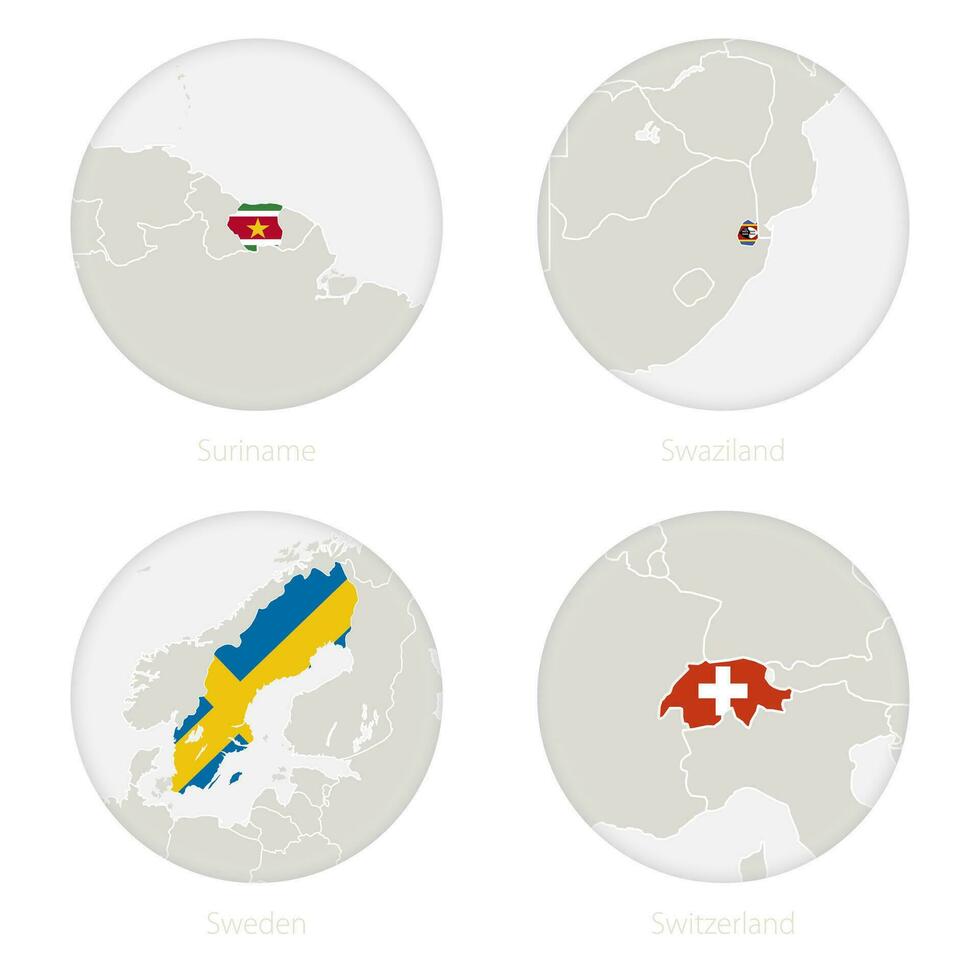 surinam, suazilandia, Suecia, Suiza mapa contorno y nacional bandera en un círculo. vector